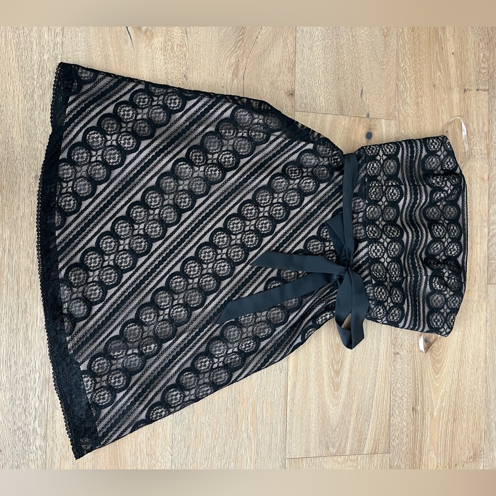 Strapless black lace, party dress with black waist sash
